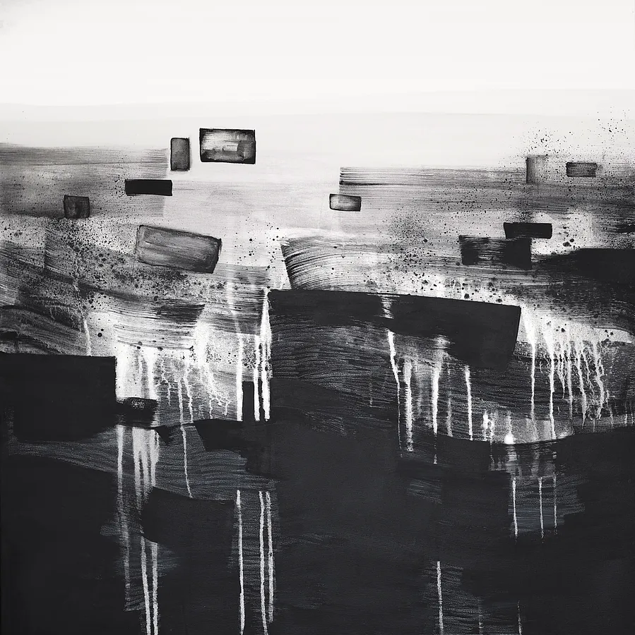 Image of Through the Layers of Soil by Maryna Karapetian, size: 90 x 90 cm, made of acrylics, spray paints, crayons, canvas, Painting medium, from Barcelona, part of the Act of Preservation series, priced at €750