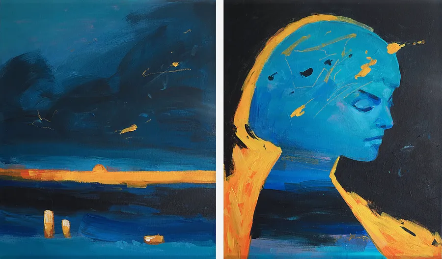 Image of Black Black Sea by Maryna Karapetian, size: 2 canvases 46 x 55 cm, made of acrylics, oil pastels, canvas, Painting medium, from Barcelona, part of the We Remember Places, Places Remember Us series, priced at €750