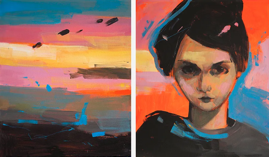 Image of Empty Pier by Maryna Karapetian, size: 2 canvases 46 x 55 cm, made of acrylics, oil pastels, canvas, Painting medium, from Barcelona, part of the We Remember Places, Places Remember Us series, priced at €750