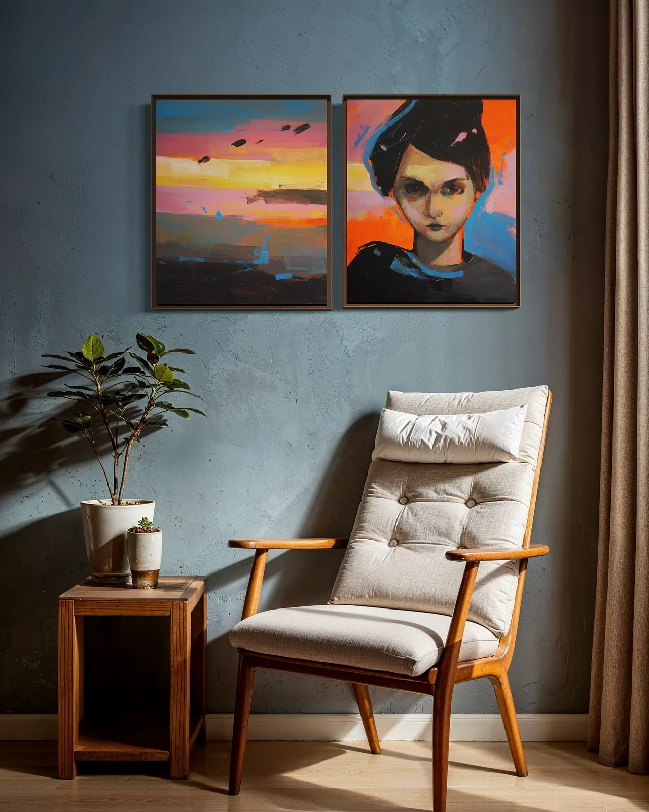 Image of Empty Pier by Maryna Karapetian, size: 2 canvases 46 x 55 cm, made of acrylics, oil pastels, canvas, Painting medium, from Barcelona, part of the We Remember Places, Places Remember Us series, priced at €750 Photo 3 of 4.