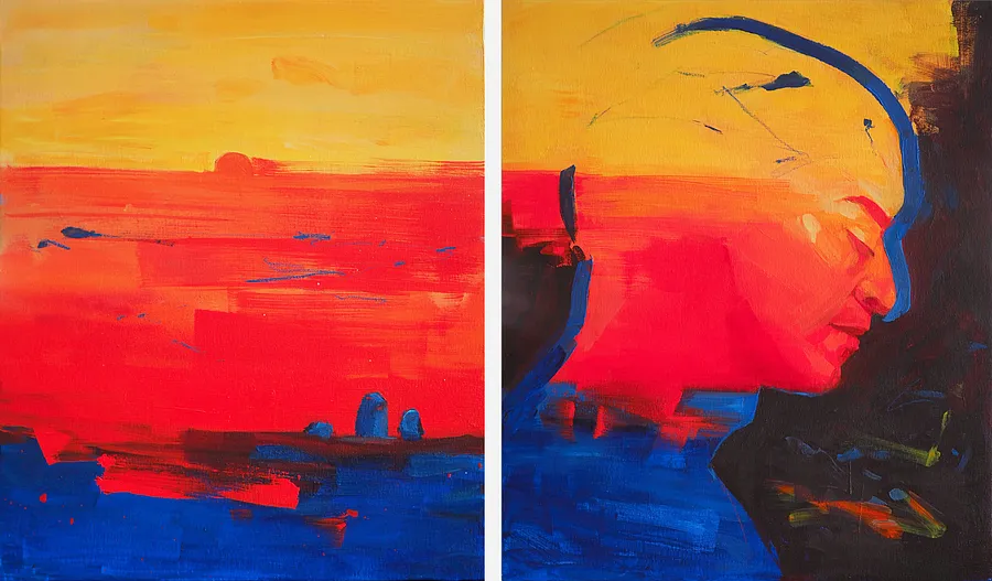 Image of Heat over the Steppe by Maryna Karapetian, size: 2 canvases 46 x 55 cm, made of acrylics, oil pastels, canvas, Painting medium, from Barcelona, part of the We Remember Places, Places Remember Us series, priced at €750