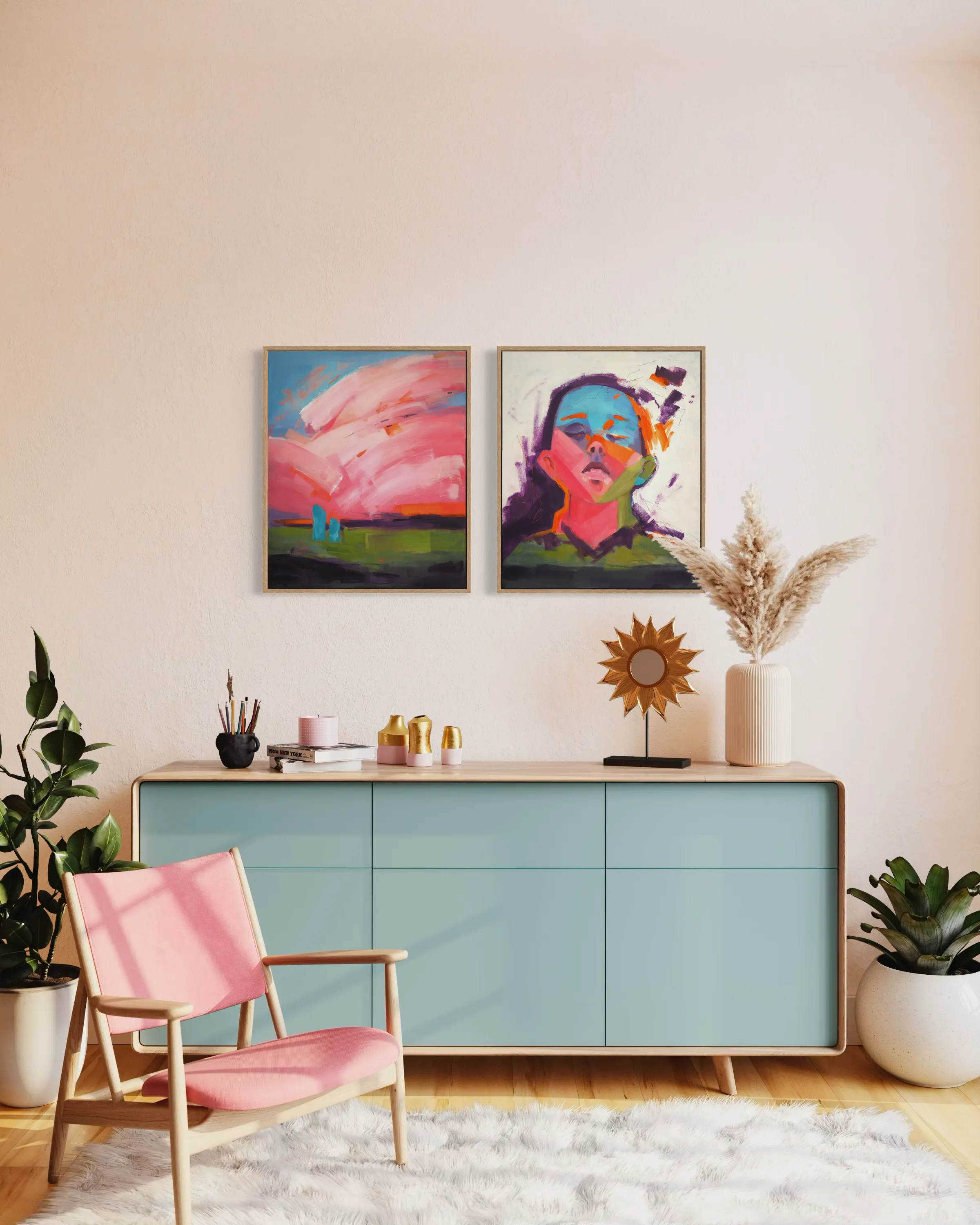 Image of Apricot Garden by Maryna Karapetian, size: 2 canvases 46 x 55 cm, made of acrylics, oil pastels, canvas, Painting medium, from Barcelona, part of the We Remember Places, Places Remember Us series, priced at €750 Photo 2 of 3.