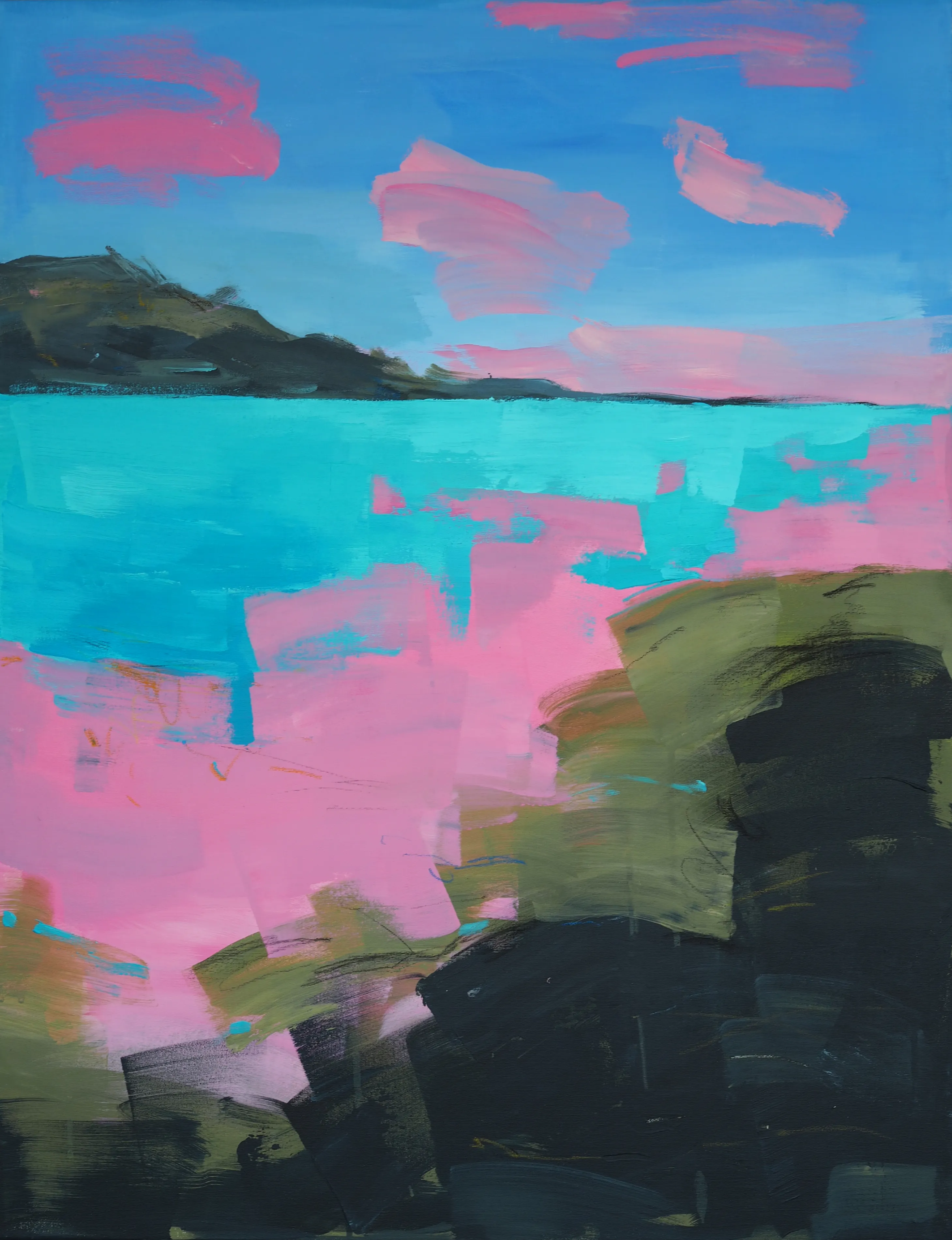 Image of Pink Waters by Maryna Karapetian, size: 73 x 92 cm, made of acrylics, oil pastels, canvas, Painting medium, from Malmo, part of the Individual Artwork series, priced at €600 Photo 1 of 5.