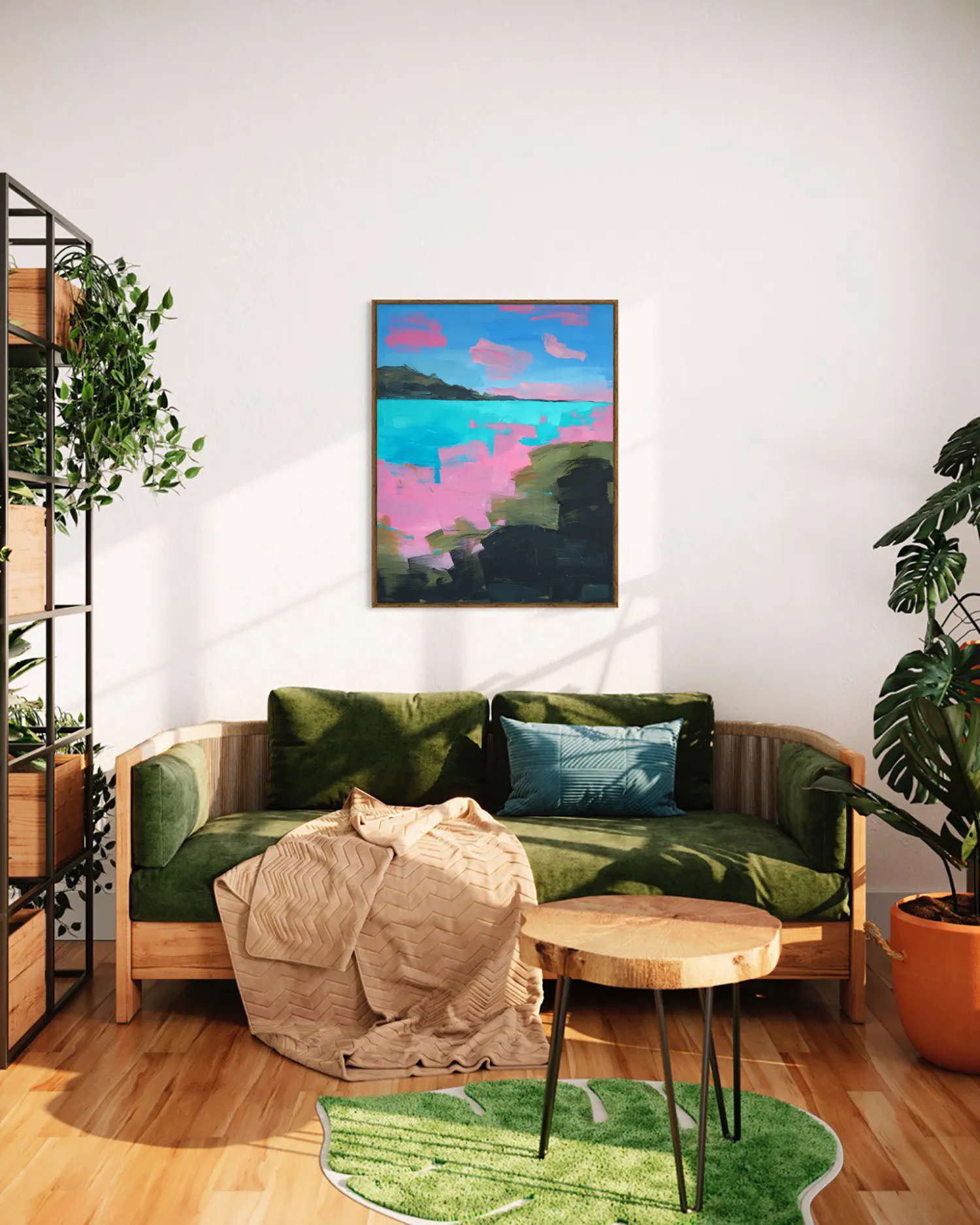 Image of Pink Waters by Maryna Karapetian, size: 73 x 92 cm, made of acrylics, oil pastels, canvas, Painting medium, from Malmo, part of the Individual Artwork series, priced at €600 Photo 4 of 5.