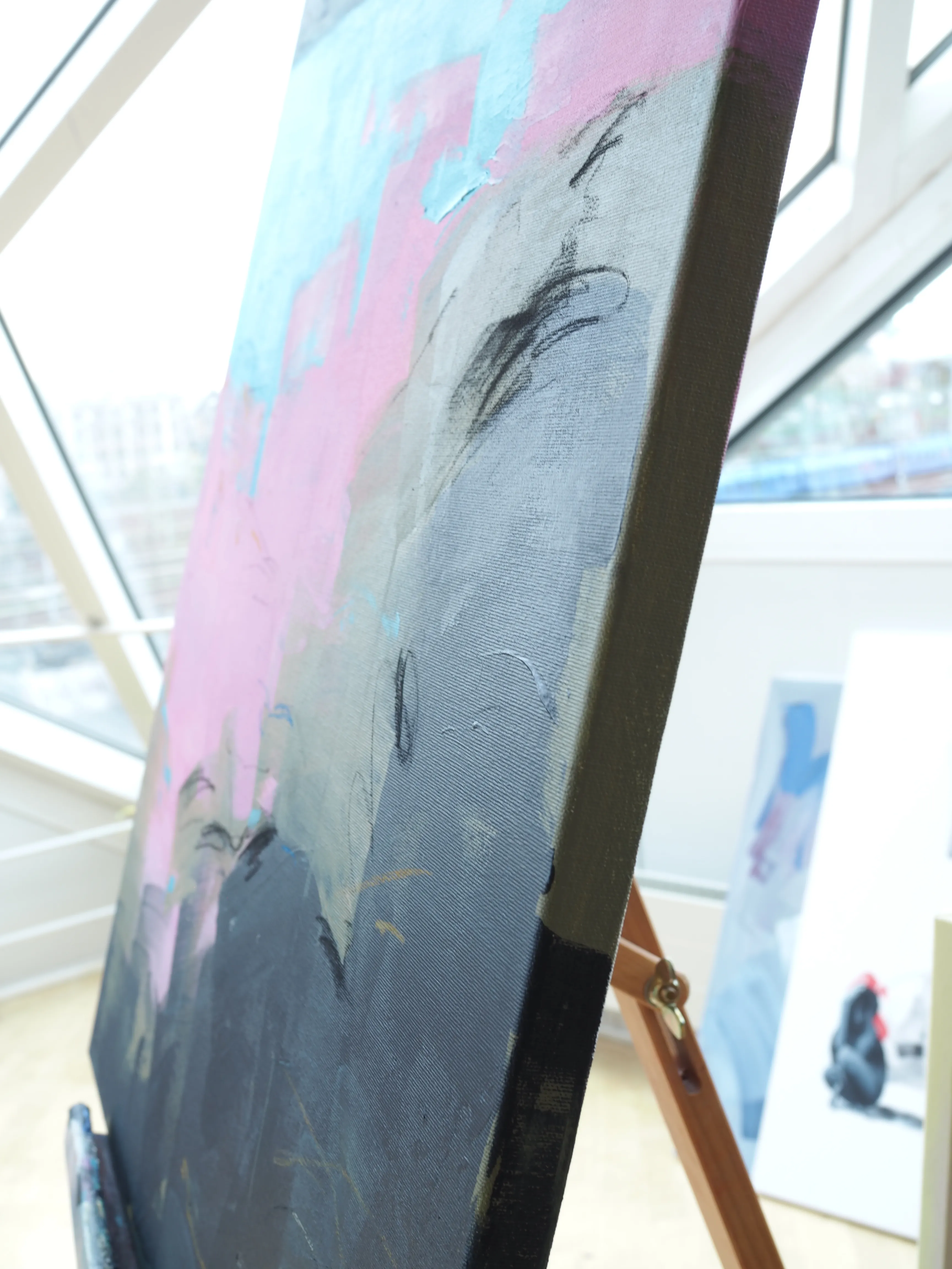 Image of Pink Waters by Maryna Karapetian, size: 73 x 92 cm, made of acrylics, oil pastels, canvas, Painting medium, from Malmo, part of the Individual Artwork series, priced at €600 Photo 5 of 5.