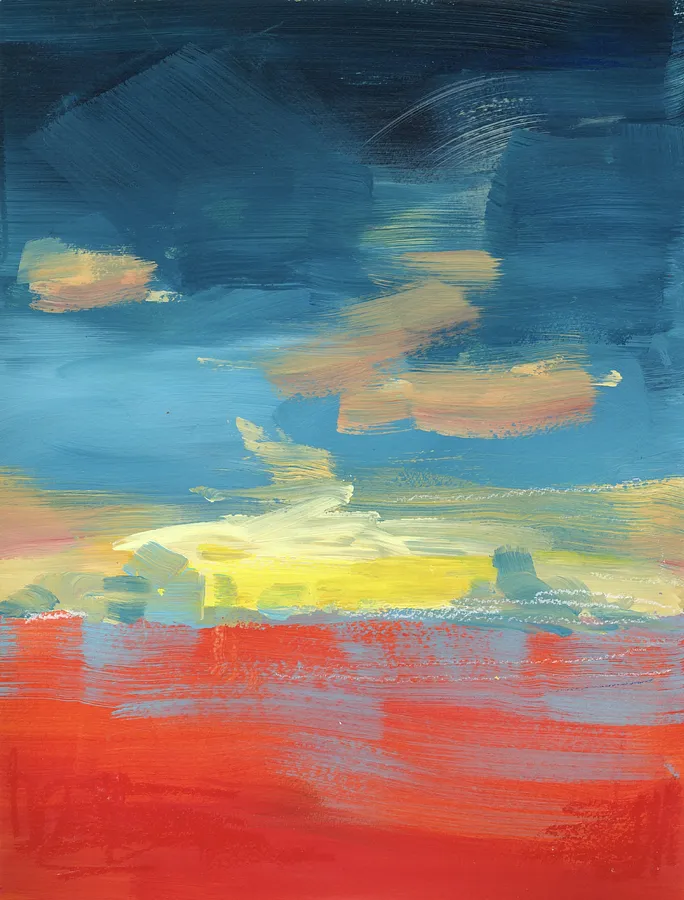 Image of Sunset Echoes by Maryna Karapetian, size: paper size 32 x 41 cm artwork size (without borders) 28 x 37 cm, made of acrylics, paper, Painting medium, from Malmo, part of the Individual Artwork series, priced at €150
