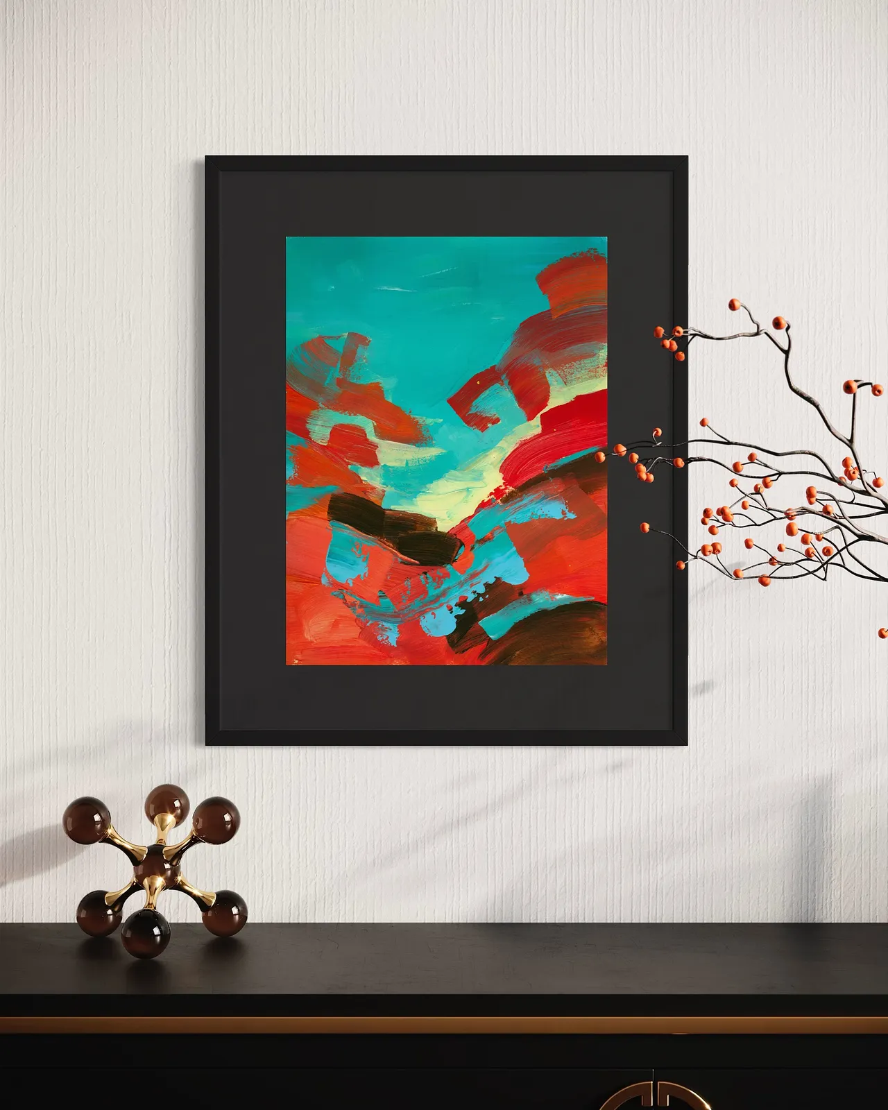 Image of Scarlet Hills by Maryna Karapetian, size: paper size 32 x 41 cm artwork size (without borders) 28 x 37 cm, made of acrylics, paper, Painting medium, from Malmo, part of the Individual Artwork series, priced at €150 Photo 2 of 2.