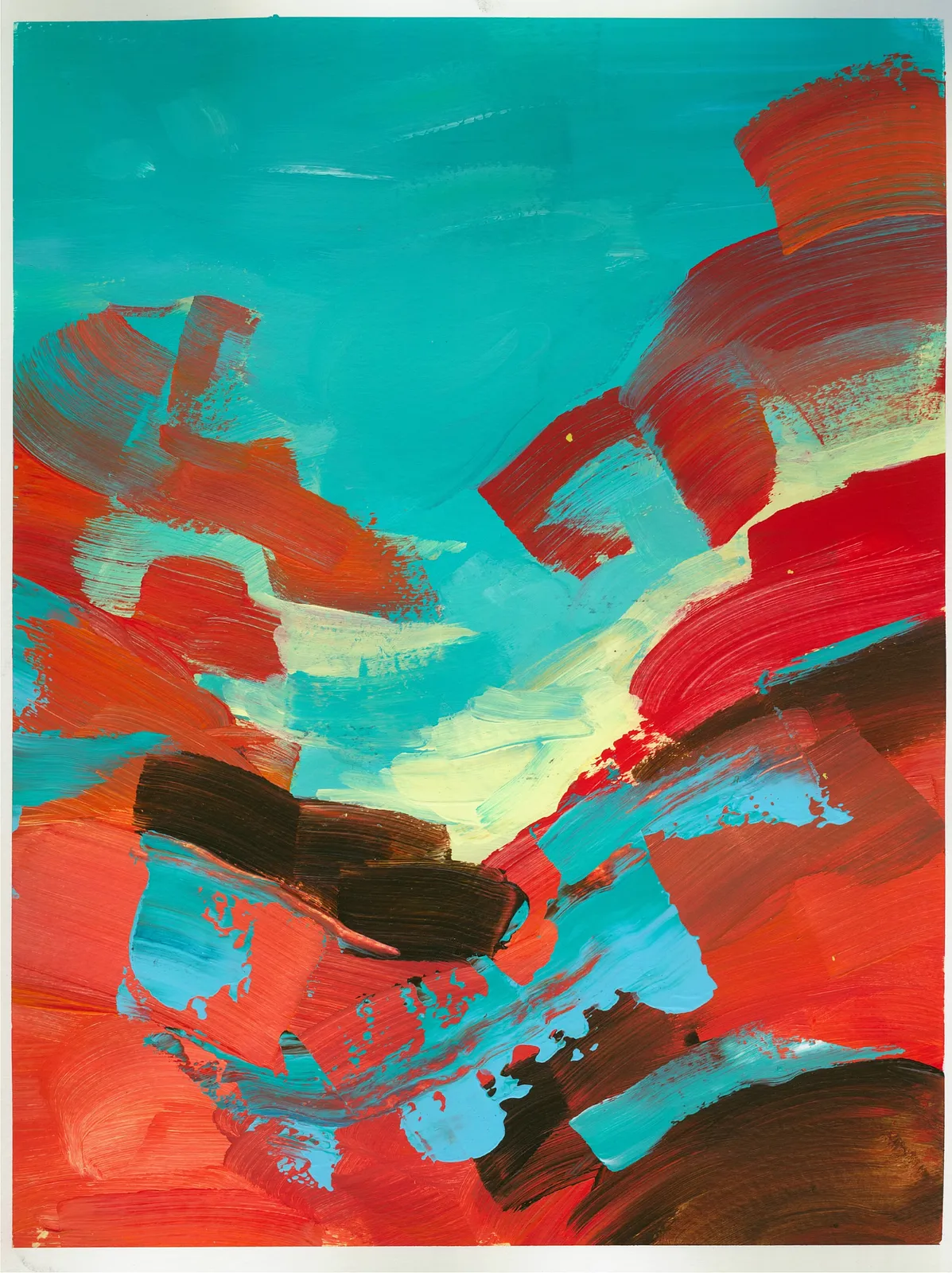 Image of Scarlet Hills by Maryna Karapetian, size: paper size 32 x 41 cm artwork size (without borders) 28 x 37 cm, made of acrylics, paper, Painting medium, from Malmo, part of the Individual Artwork series, priced at €150 Photo 1 of 2.