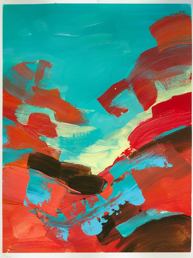 Image of Scarlet Hills by Maryna Karapetian, size: paper size 32 x 41 cm artwork size (without borders) 28 x 37 cm, made of acrylics, paper, Painting medium, from Malmo, part of the Individual Artwork series, priced at €150